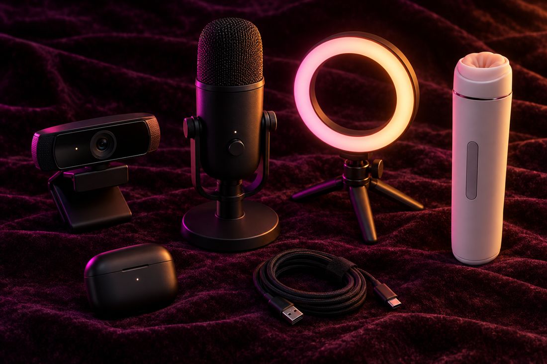 Webcam, microphone, ring light and an interactive stroker device on a dark surface